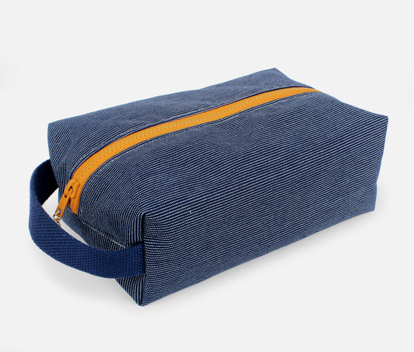 box zip; travel bag; Cosmetic Bag; Cosmetic Pouch; water repellent; denim; navy; blue; made in usa; lady alamo; Zipper Pouch; dopp kit; travel bag; dopp kit;