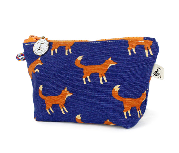 Little Zip; cosmetic pouch; cosmetic; cosmetic bag; water repllent; fox; fox print; zipper pouch; wristlet; made in usa; navy; Pouch; small;