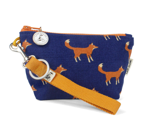 Little Zip; cosmetic pouch; cosmetic; cosmetic bag; water repllent; fox; fox print; zipper pouch; wristlet; made in usa; navy; Pouch; small; keyring; key ring;