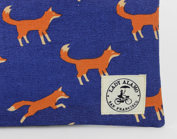 Miss Zip; cosmetic pouch; cosmetic; cosmetic bag; water repllent; fox; fox print; zipper pouch; wristlet; made in usa; navy; clutch; clutch purse; Pouch;
