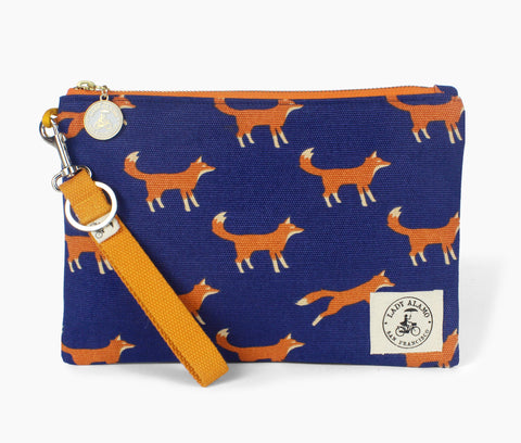  Miss Zip; cosmetic pouch; cosmetic; cosmetic bag; water repllent; fox; fox print; zipper pouch; wristlet; made in usa; navy; clutch; clutch purse; Pouch;