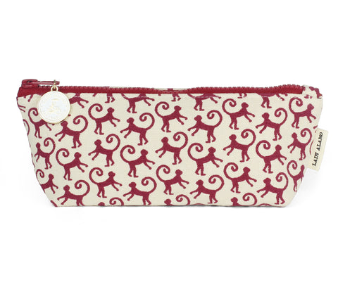 skinny zip; pencil case; pencil; art; pouch; made in usa; monkey; monkey print; makeup case; makeup bag; make up; zipper pouch; brush; print, red; natural;